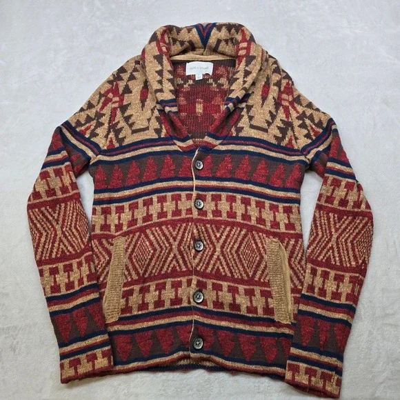 Sun Stone Cardigan Sweater Men Small Geometric Southwestern Aztec Shawl Collar